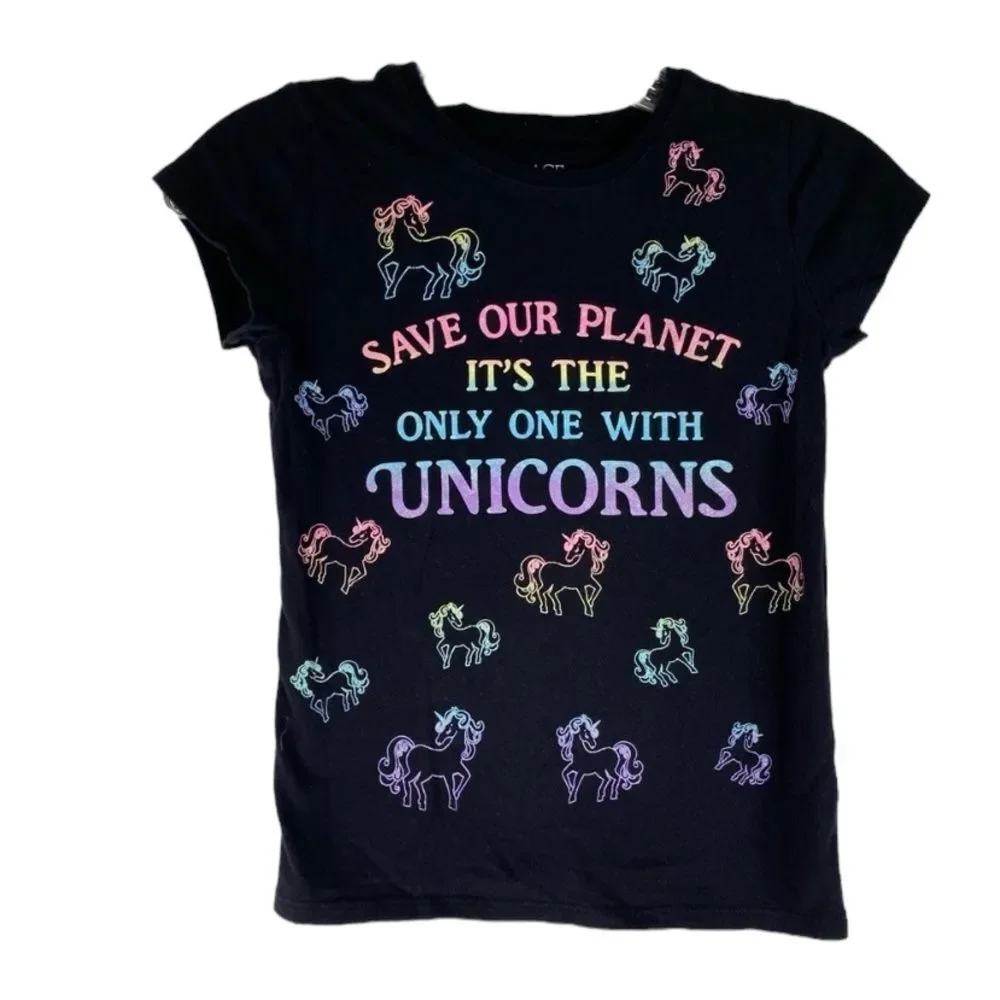 5/$15 Children's Place Black Rainbow Unicorn Short Sleeve Casual T Shirt M 7/8